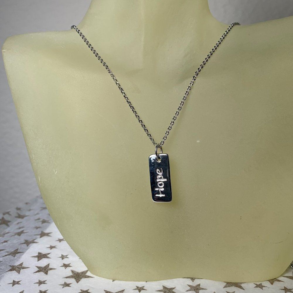 NEW Solid Silver Rectangular HOPE Pendant + Silver Chain Necklace